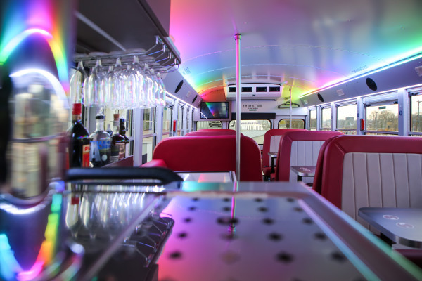 American style interior of the Dinner Hopping bus