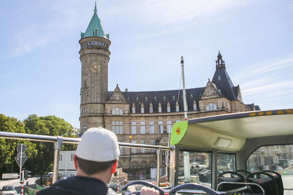 Exploring Luxembourg City on a double decker bus