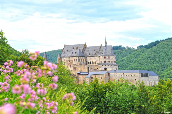 Panoramablick auf das Schloss Vianden im Frühling