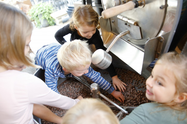 Children discovering the backgrounds of chocolate production
