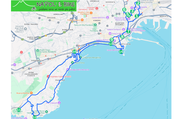 Mappa completa del Tour Storico + Panoramico: Una visione d'insieme del nostro itinerario esclusivo. Dai vicoli del centro storico fino alle vette di Posillipo e al mare del Lungomare, copriamo il meglio di Napoli in un unico tour senza fatica.