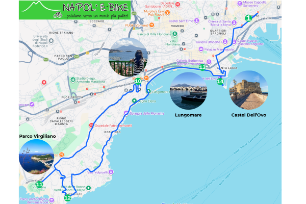 Zoom Costa e Posillipo (Tappe 10-14): La parte più "instagrammabile" del tour! Grazie alle nostre e-bike, salirai senza sforzo fino al Parco Virgiliano e alla Terrazza di Sant'Antonio per goderti i due panorami più belli della città, prima di tornare lung
