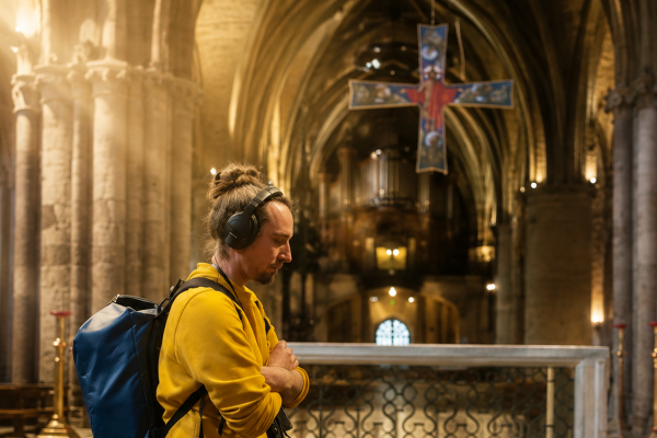 Un visitante descubre la historia de la Basílica de Saint-Seurin mientras escucha el viaje sonoro al pie del altar mayor.