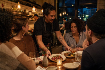 A chef setting shared plates before guests in a warmly lit independent restaurant with an open kitchen