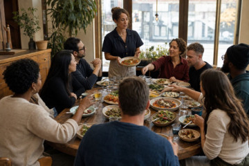 A private group sharing varied neighbourhood dishes around a long wooden table as their guide introduces a plate