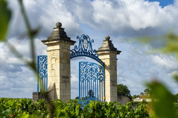 Iconic entrance of Château Balestard La Tonnelle with its handmade gate
