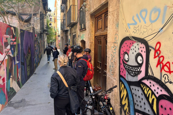 Group of cyclists listening to a guide explaining a large mural hidden in a narrow street decorated with colorful street art