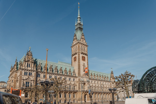 Hamburg City Hall with its 112m tower and imperial statues.