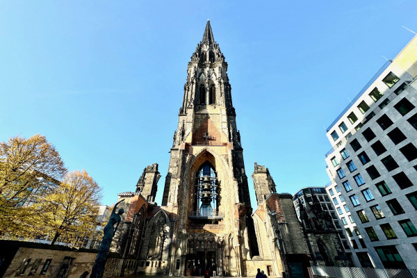 Neo-Gothic tower ruins of the St. Nikolai Memorial in Hamburg.