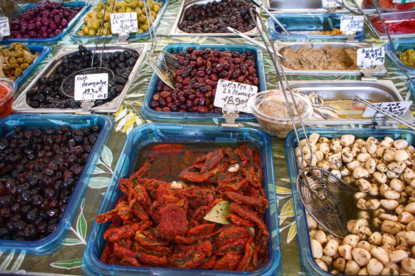 A market stall full of Provençal products.