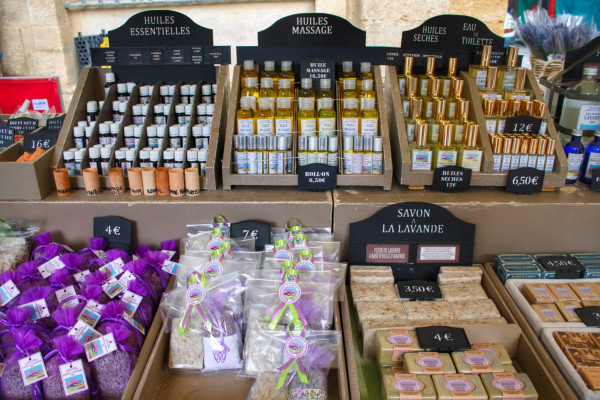 A market stall featuring lavender products.