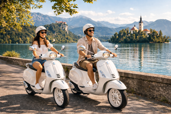 Couple on Vespa enjoying lake Bled