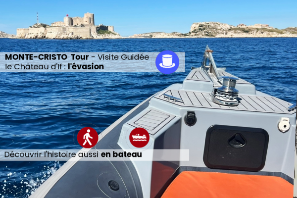 embarquement après une heure de découverte à pied , pour suivre le trajet de Dantès vers le Chateau d'If