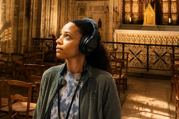 A young woman immersed in the Basilica experience, inside the Chapel of Our Lady of the Rose.