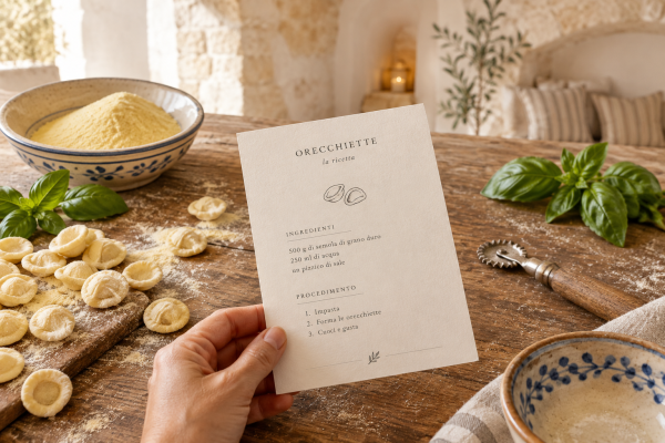 Traditional Puglian pasta-making experience where you make, shape, cook and taste fresh orecchiette with local ingredients and Puglian wine.
