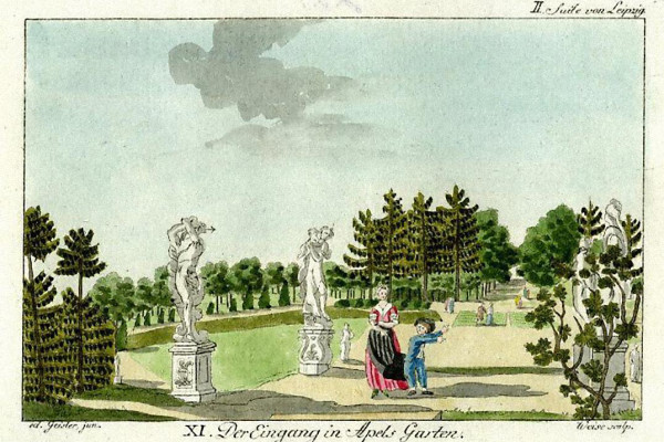 Der Eingang zu Apels Garten mit den Statuen von Balthasar Permoser um 1700.