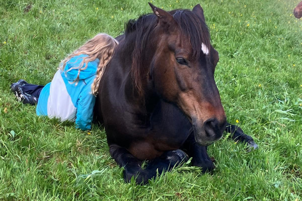 Kind kuschelt mit liegendem Pferd
