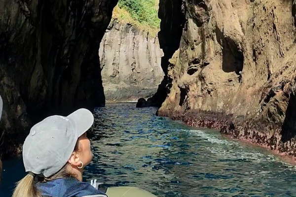 alt="Besucher bewundert die beeindruckenden Klippen der Nordküste von São Miguel"