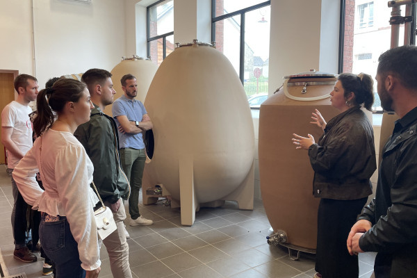 Un groupe de collègues captivés par les secrets de la vinification.