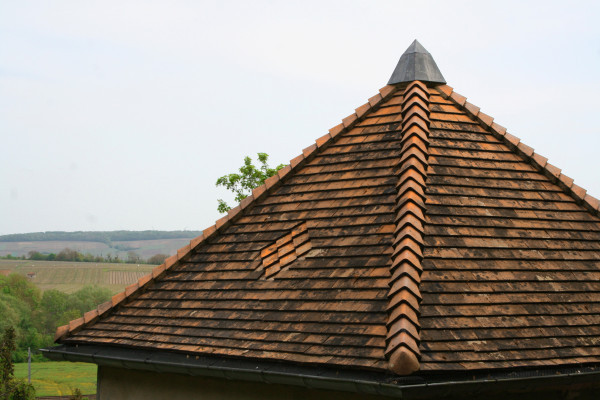 The neighbor's tower roof. Vineyards in the background.