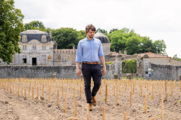 Luc Planty au milieu des nouveaux plans de vignes face au Château de Malle