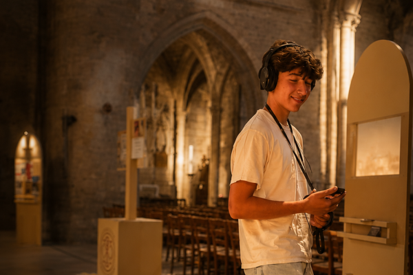 Un jeune visiteur en pleine expérience immersive et sensorielle Basilica !