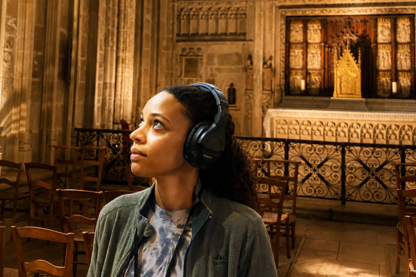 Une jeune femme au cœur de l'aventure Basilica, au sein de la chapelle Notre-Dame de la Rose.